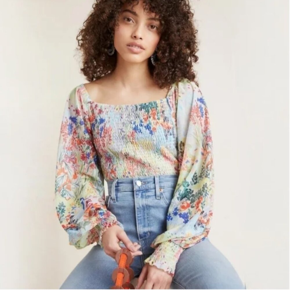 Anthropologie Floral Smocked Blouse Size L